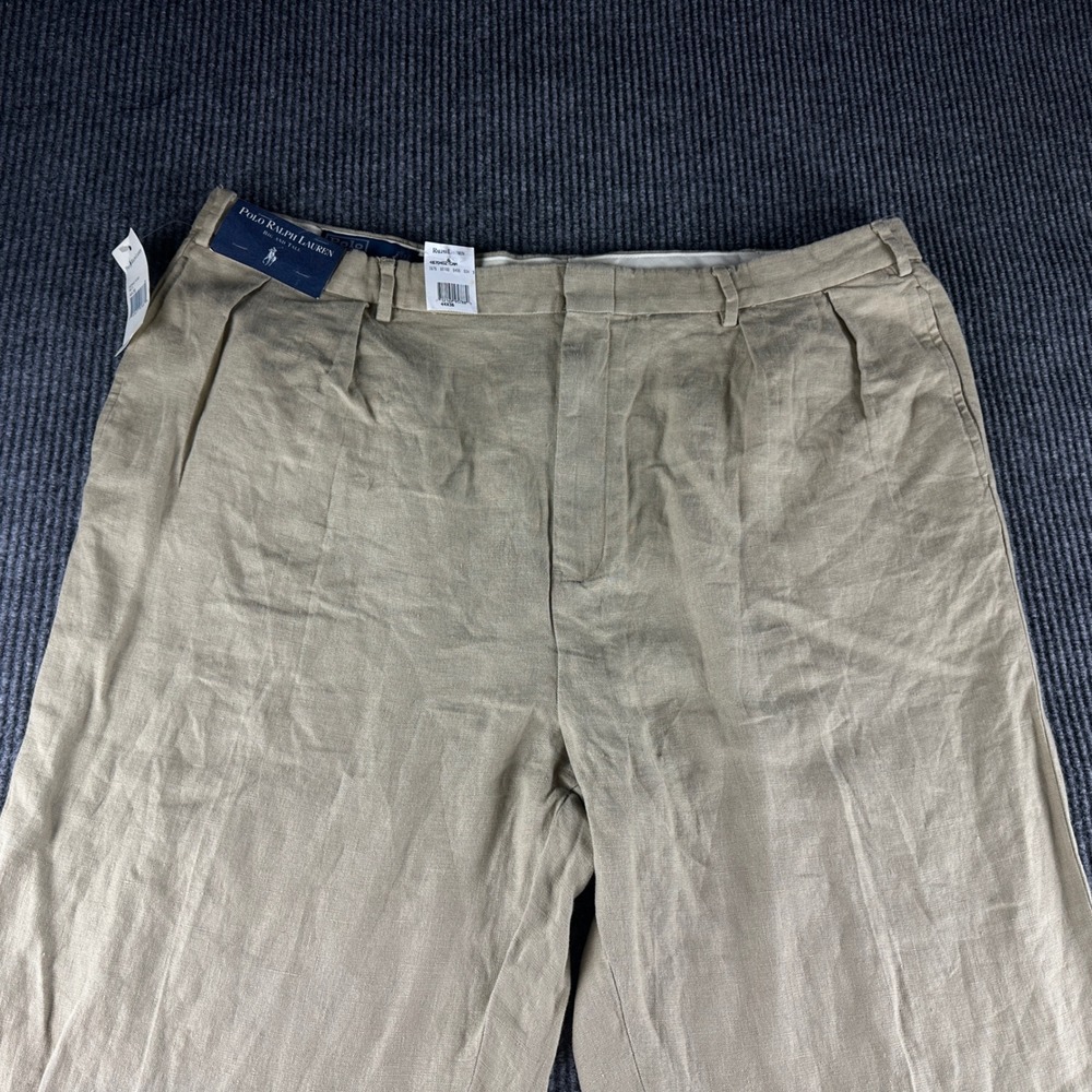 Polo Ralph Lauren Men 44x36 Tan 100% Linen Pleated Cuffed Dress Pants Big & Tall - Picture 3 of 10